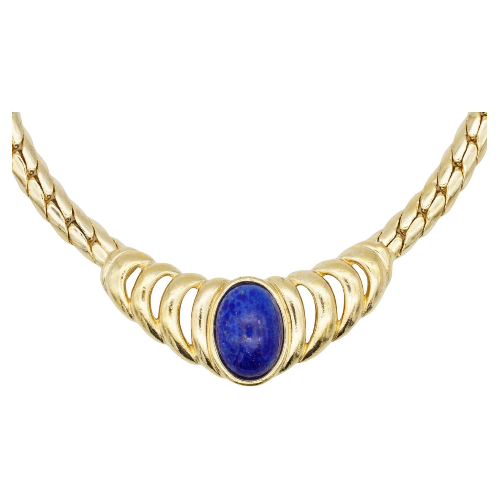 Christian Dior Vintage 1980s Große durchbrochene ovale Lapis Cabochon Navy Halskette