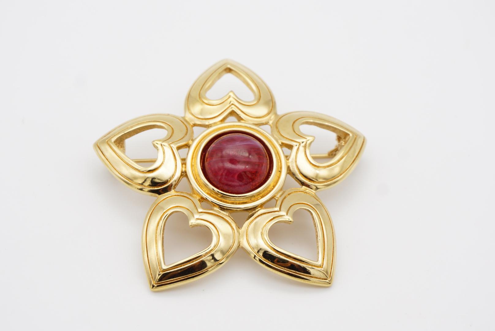 Art Nouveau Christian Dior Vintage 1980s Large Openwork Pentagram Heart Ruby Crystal Brooch For Sale
