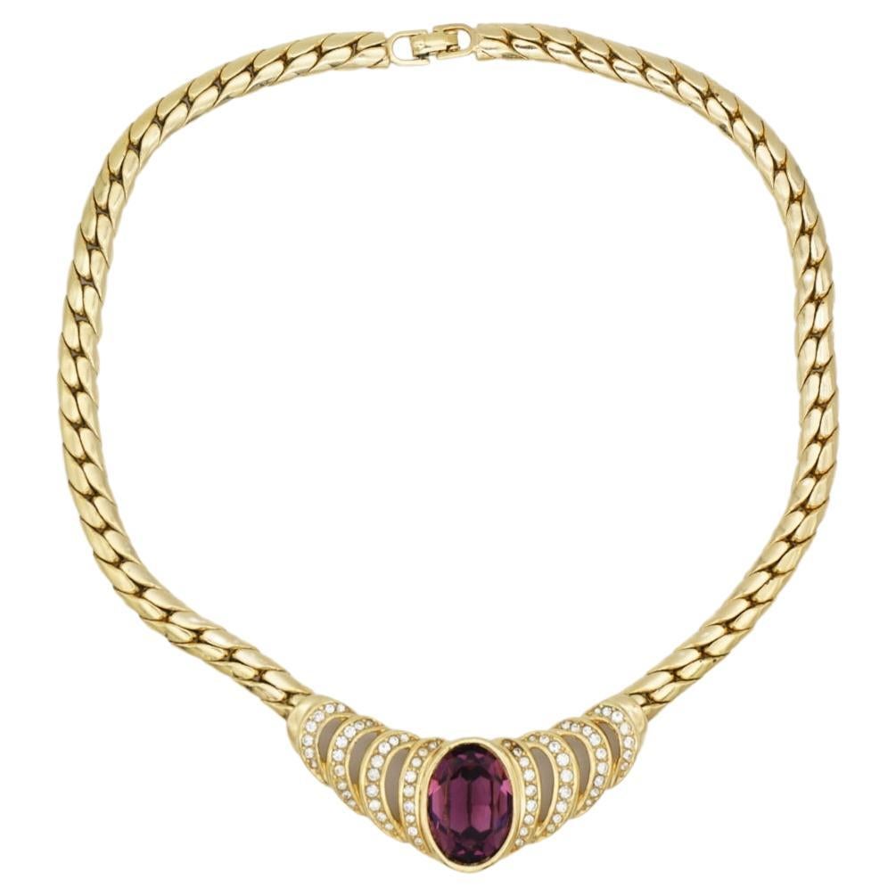 Christian Dior Vintage 1980s Large Oval Amethyst Crystals Gold Openwork Necklace