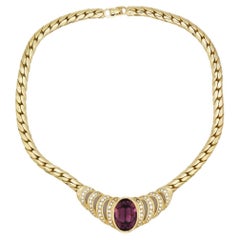 Christian Dior Vintage 1980s Large Oval Amethyst Crystals Gold Openwork Necklace