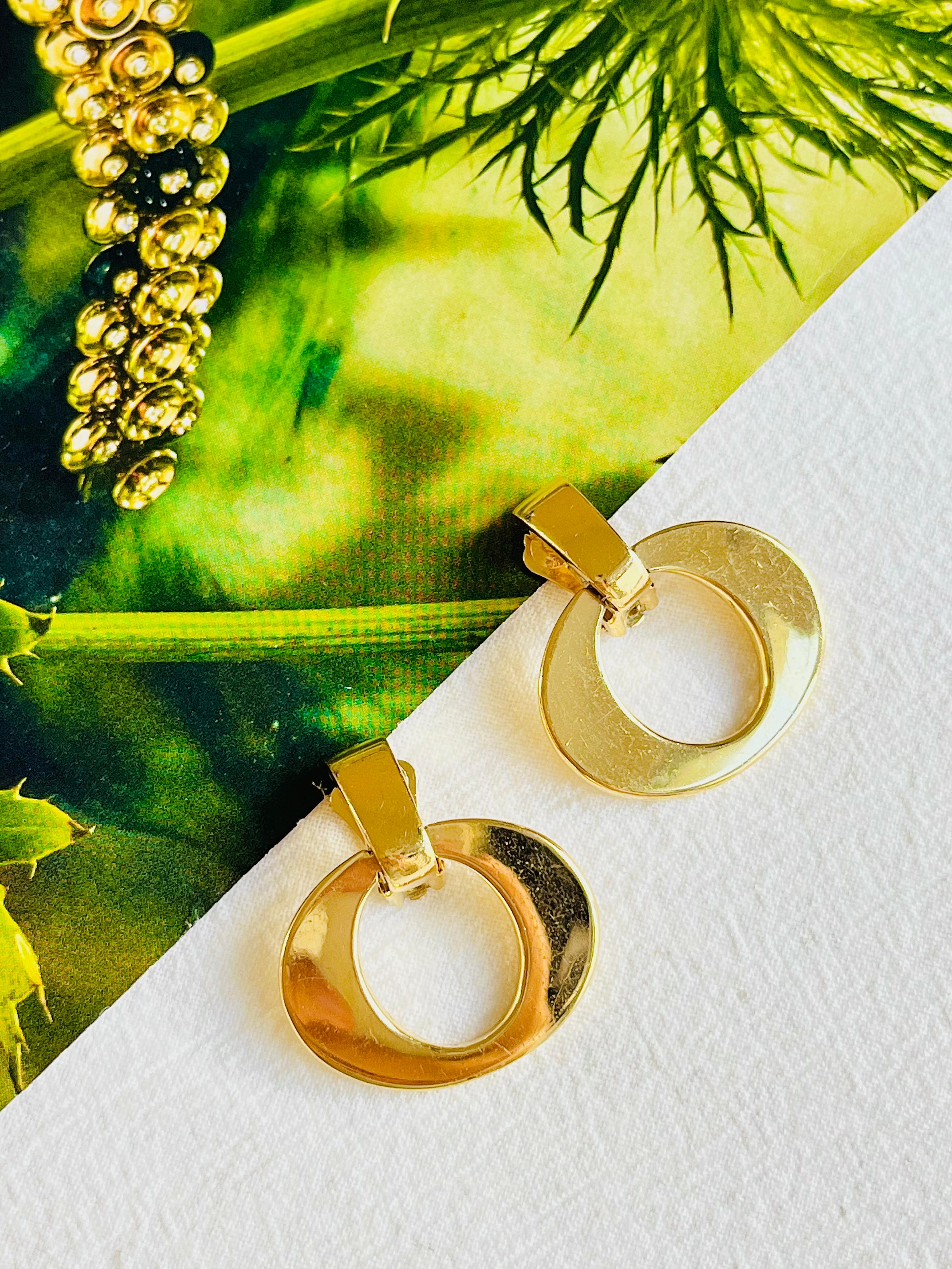 Art Nouveau Christian Dior Vintage 1980s Large Oval Hoop Statement Gold Drop Clip Earrings For Sale