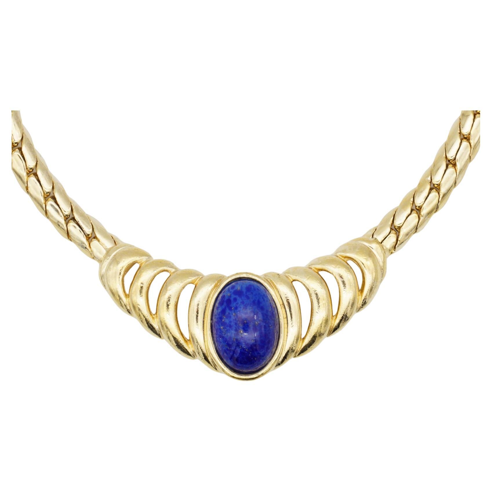 Christian Dior Vintage 1980s Large Oval Lapis Navy Cabochon Openwork Necklace