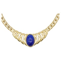 Christian Dior Vintage 1980s Large Oval Lapis Navy Cabochon Openwork Necklace