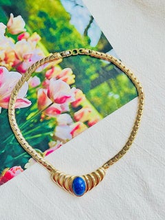 Christian Dior Vintage 1980s Large Oval Navy Cabochon Openwork Pendant Necklace