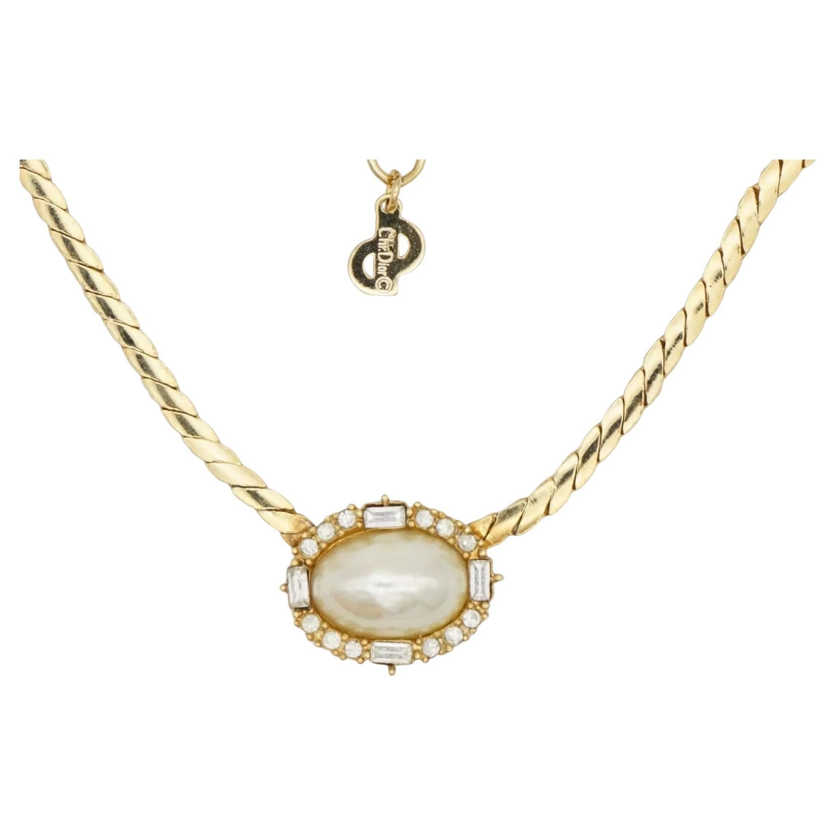 Christian Dior Vintage 1980s Large Oval White Pearl Aurora Crystals Necklace