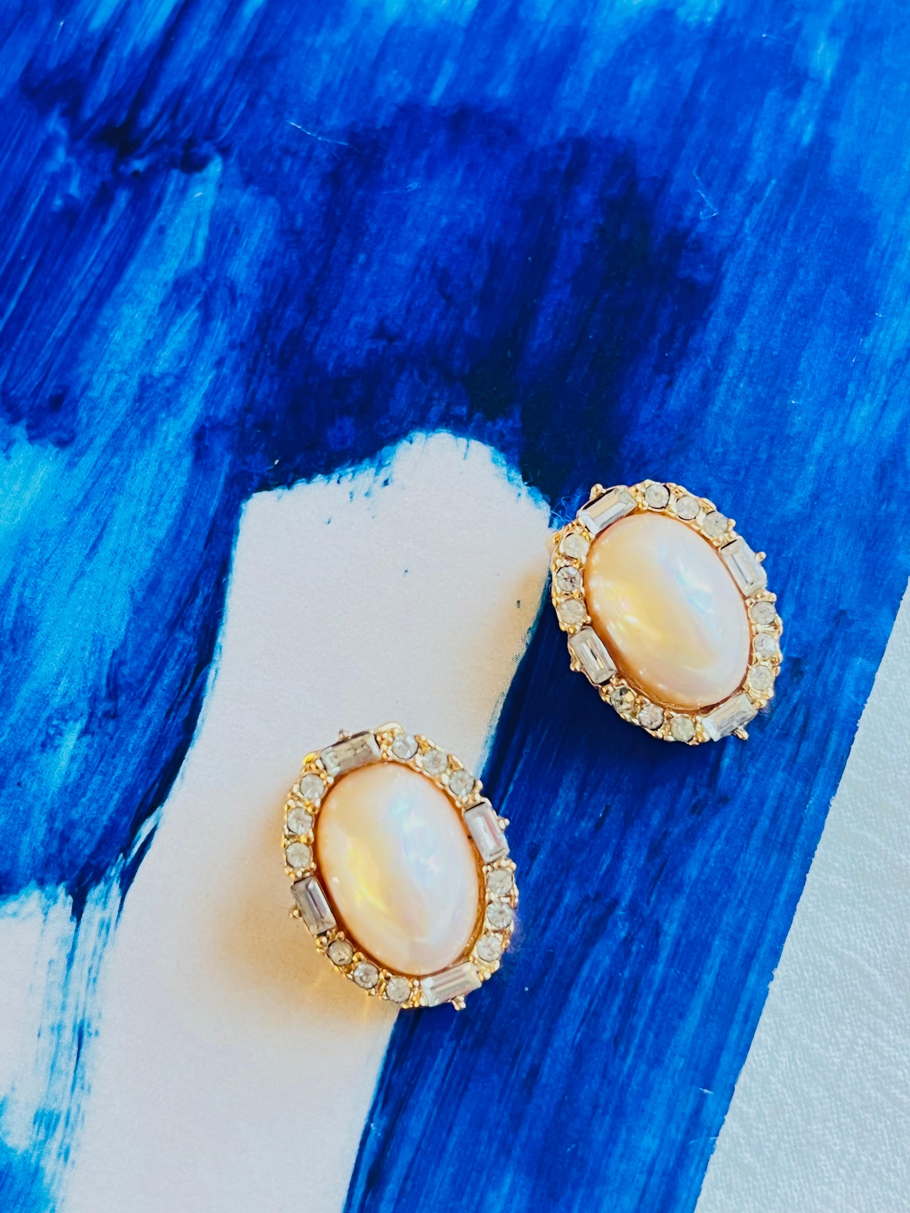 Art Deco Christian Dior Vintage 1980s Large Oval White Pearl Crystals Gold Clip Earrings For Sale