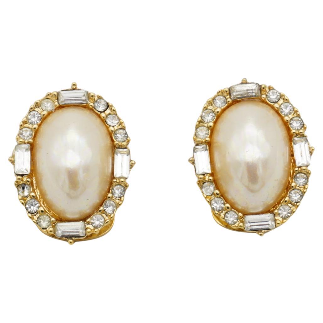 Christian Dior Vintage 1980s Large Oval White Pearl Crystals Gold Clip Earrings For Sale