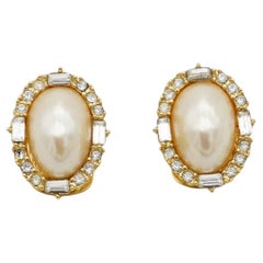 Christian Dior Vintage 1980s Large Oval White Pearl Crystals Gold Clip Earrings