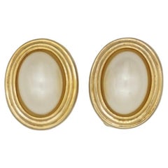 Christian Dior Vintage 1980s Large Oval White Pearl Elegant Gold Clip Earrings
