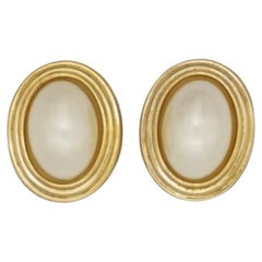 Christian Dior Vintage 1980s Large Oval White Pearl Elegant Gold Clip Earrings