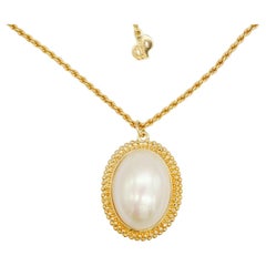 Christian Dior Vintage Años 80 Collar Cadena Colgante Perla Blanca Ovalada Grande Nuevo