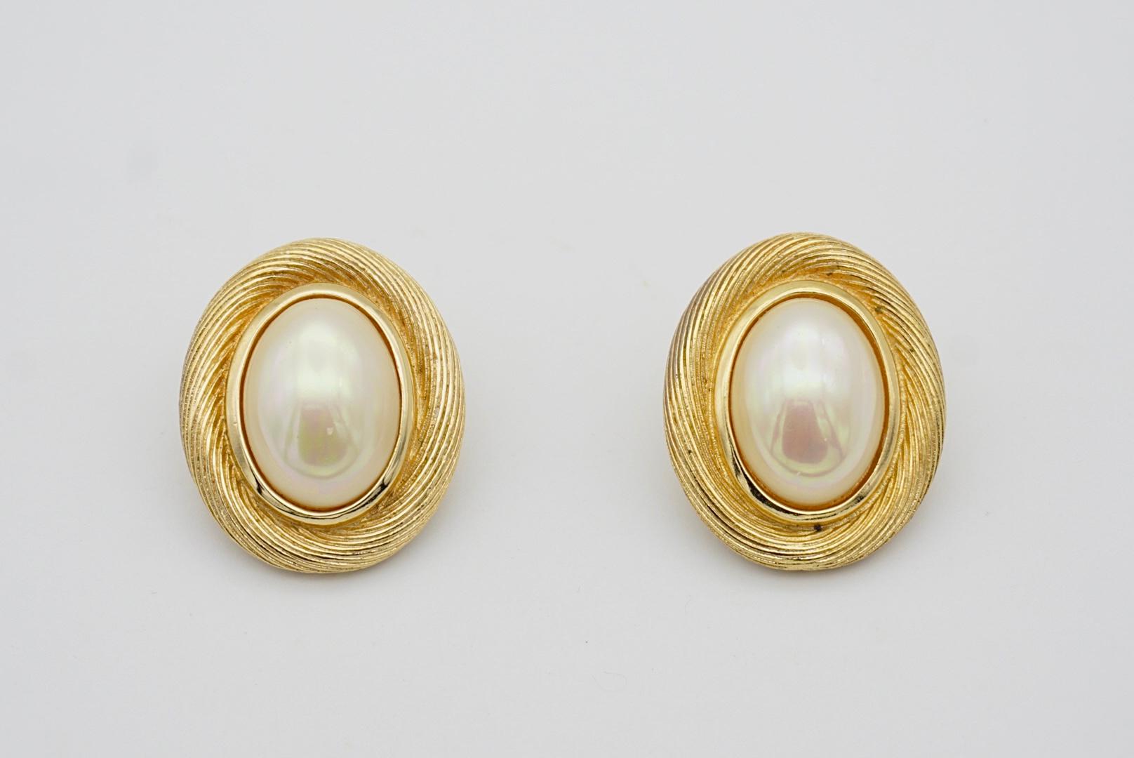 Christian Dior Vintage 1980s Large Oval White Pearl Retro Gold Pierced Earrings 1