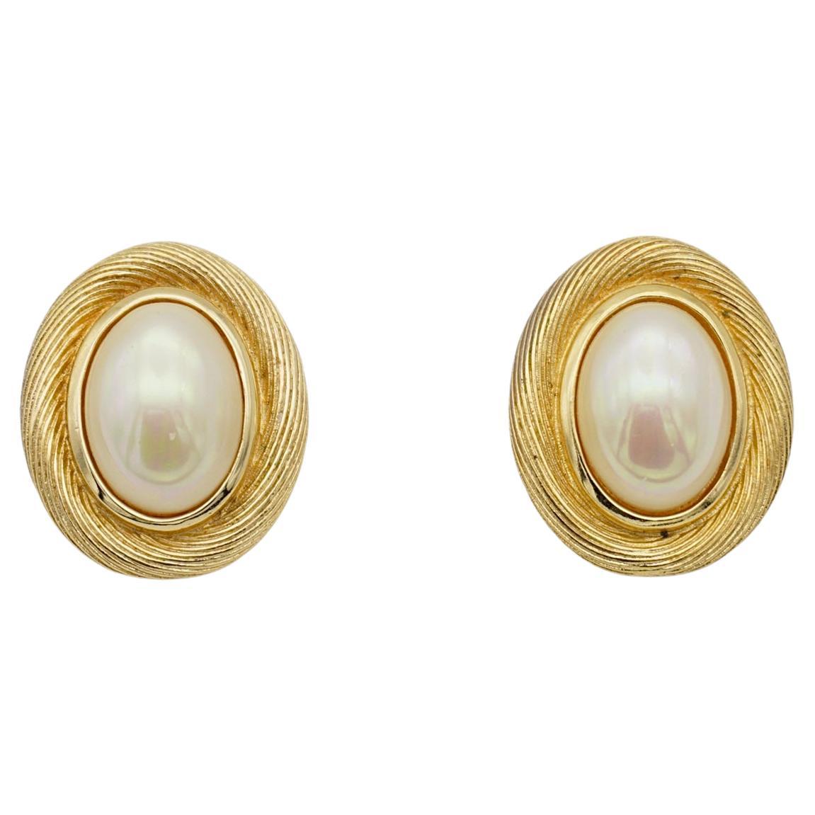 Christian Dior Vintage 1980s Large Oval White Pearl Retro Gold Pierced Earrings