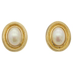 Christian Dior Vintage 1980s Large Oval White Pearl Retro Gold Pierced Earrings