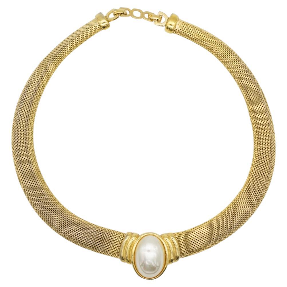 Christian Dior Vintage 1980s Large Oval White Pearl Snake Omega Gold Necklace For Sale