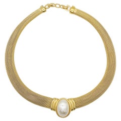Christian Dior Vintage 1980s Large Oval White Pearl Snake Omega Gold Necklace