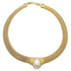 Christian Dior Vintage 1980s Large Oval White Pearl Snake Omega Gold Necklace