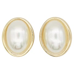 Christian Dior Vintage 1980s Große Perle Weiß Glänzend Oval Clip Chunky Ohrringe
