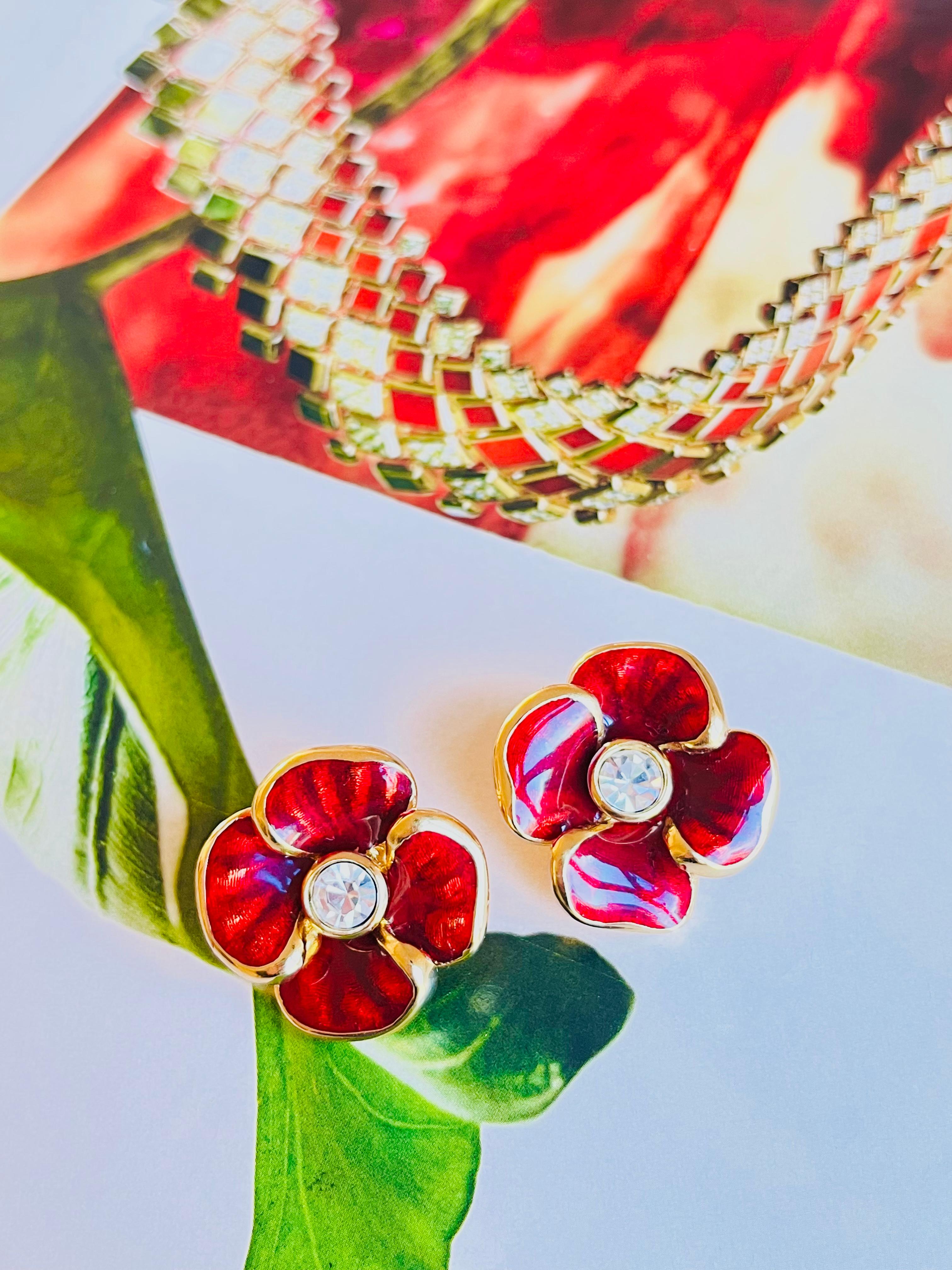 Contemporary Christian Dior Vintage 1980s Large Red Flower Enamel Crystal Gold Clip Earrings For Sale