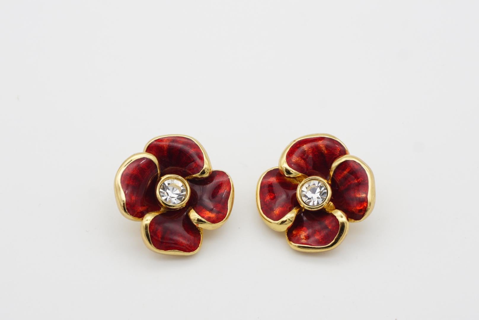 Christian Dior Vintage 1980s Large Red Flower Enamel Crystal Gold Clip Earrings For Sale 1