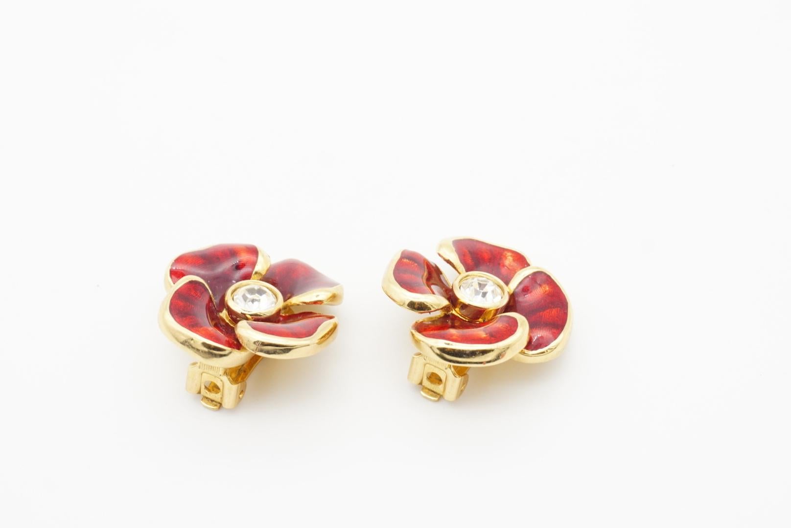 Christian Dior Vintage 1980s Large Red Flower Enamel Crystal Gold Clip Earrings For Sale 3