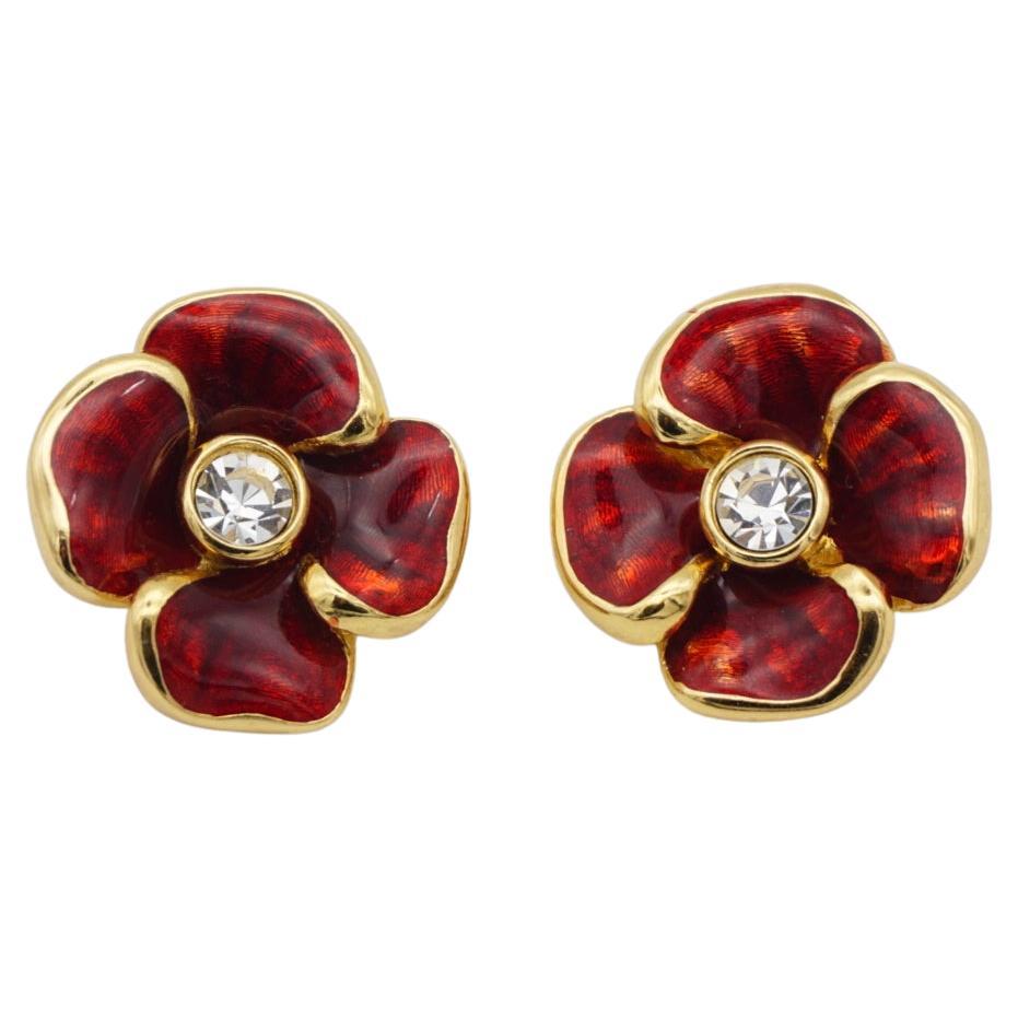 Christian Dior Vintage 1980s Large Red Flower Enamel Crystal Gold Clip Earrings For Sale