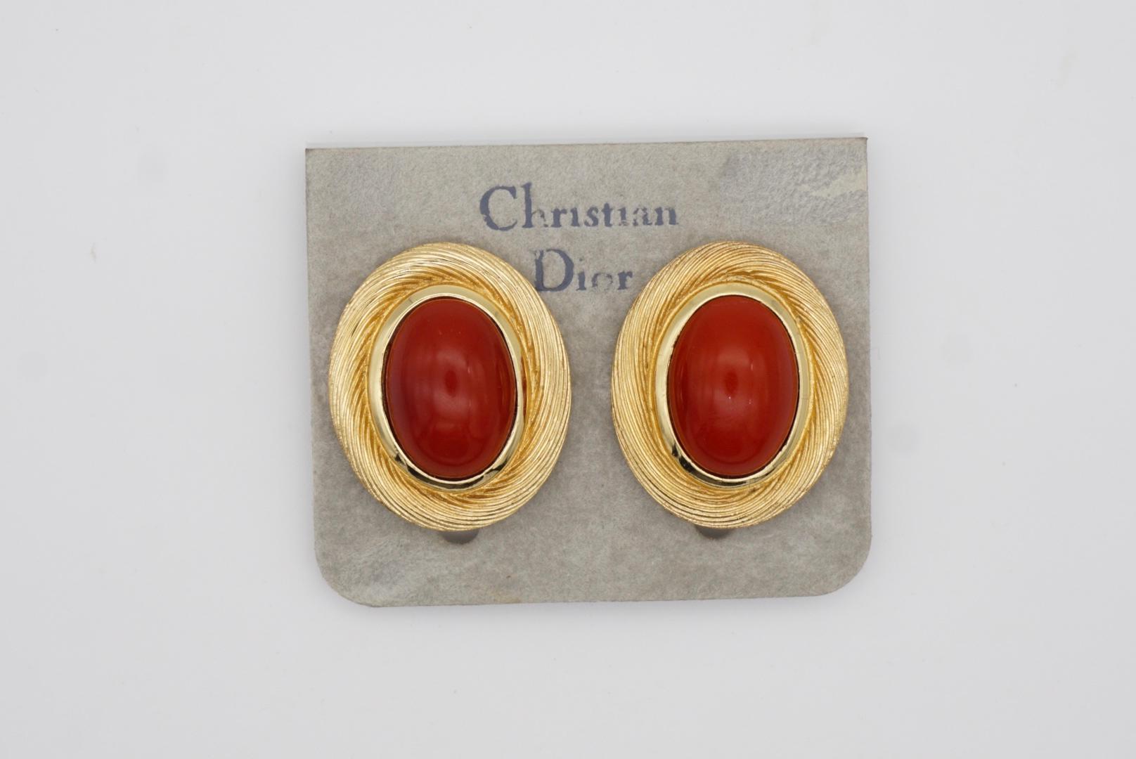 Christian Dior Vintage 1980s Large Red Oval Pearl Modernist Gold Clip Earrings 1