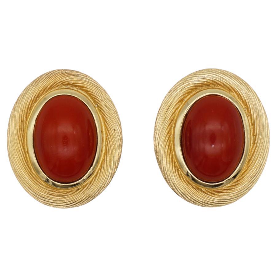 Christian Dior Vintage 1980s Large Red Oval Pearl Modernist Gold Clip Earrings  For Sale
