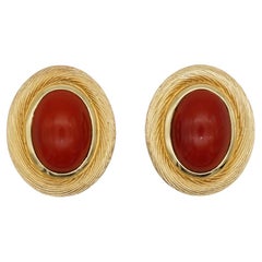 Christian Dior Retro 1980s Large Red Oval Pearl Modernist Gold Clip Earrings 