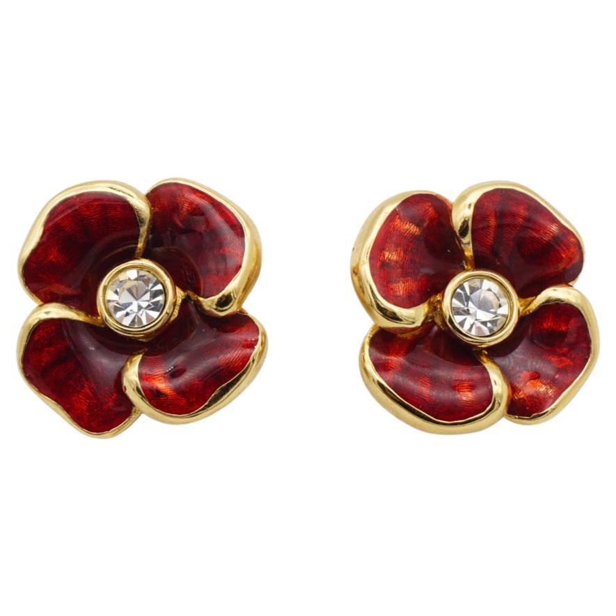 Christian Dior Vintage 1980s Large Red Pansy Glow Flower Crystal Clip Earrings For Sale