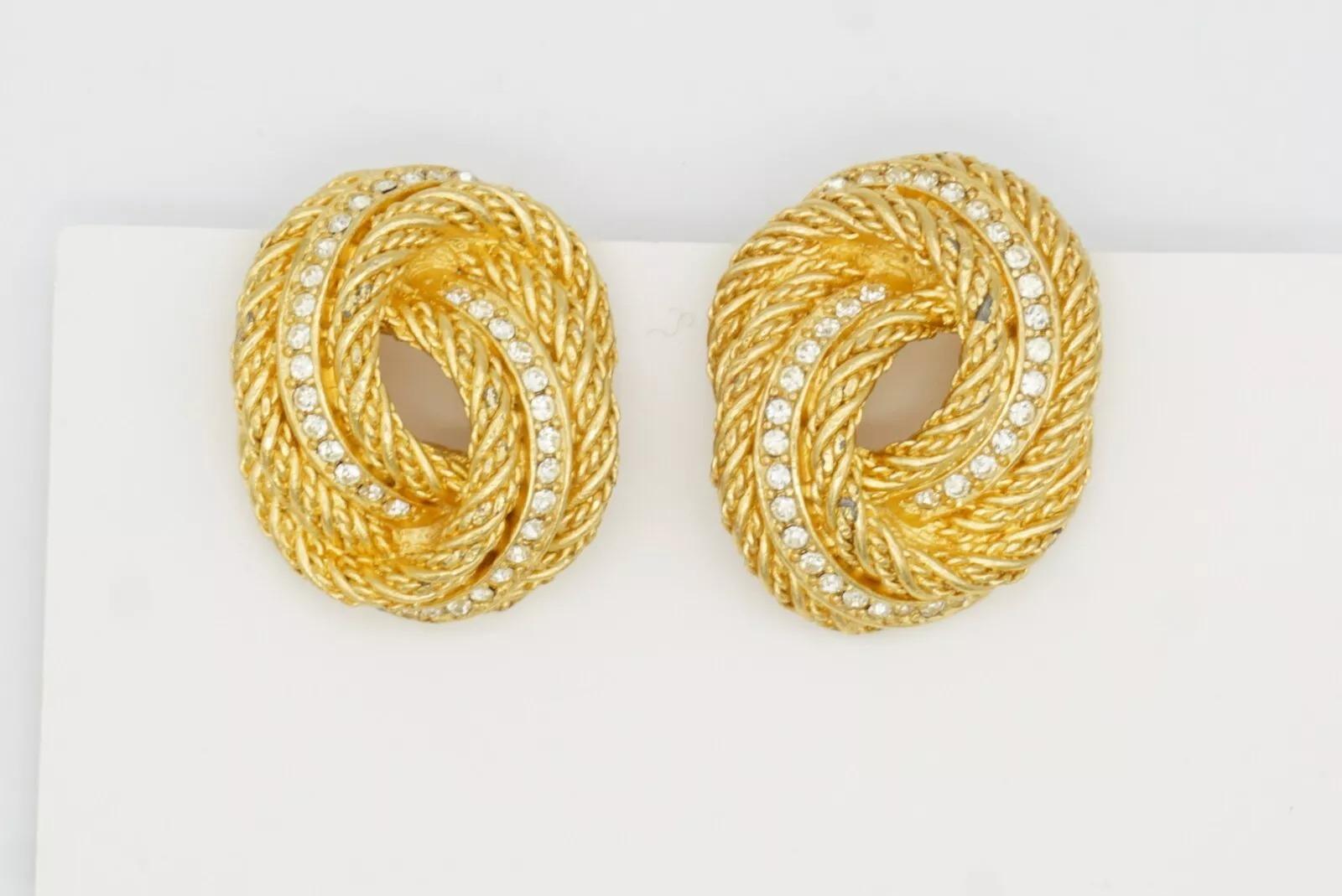 Christian Dior Vintage Años 80 Pendientes de clip de malla con grandes nudos de cuerda y cristales en espiral en venta 9