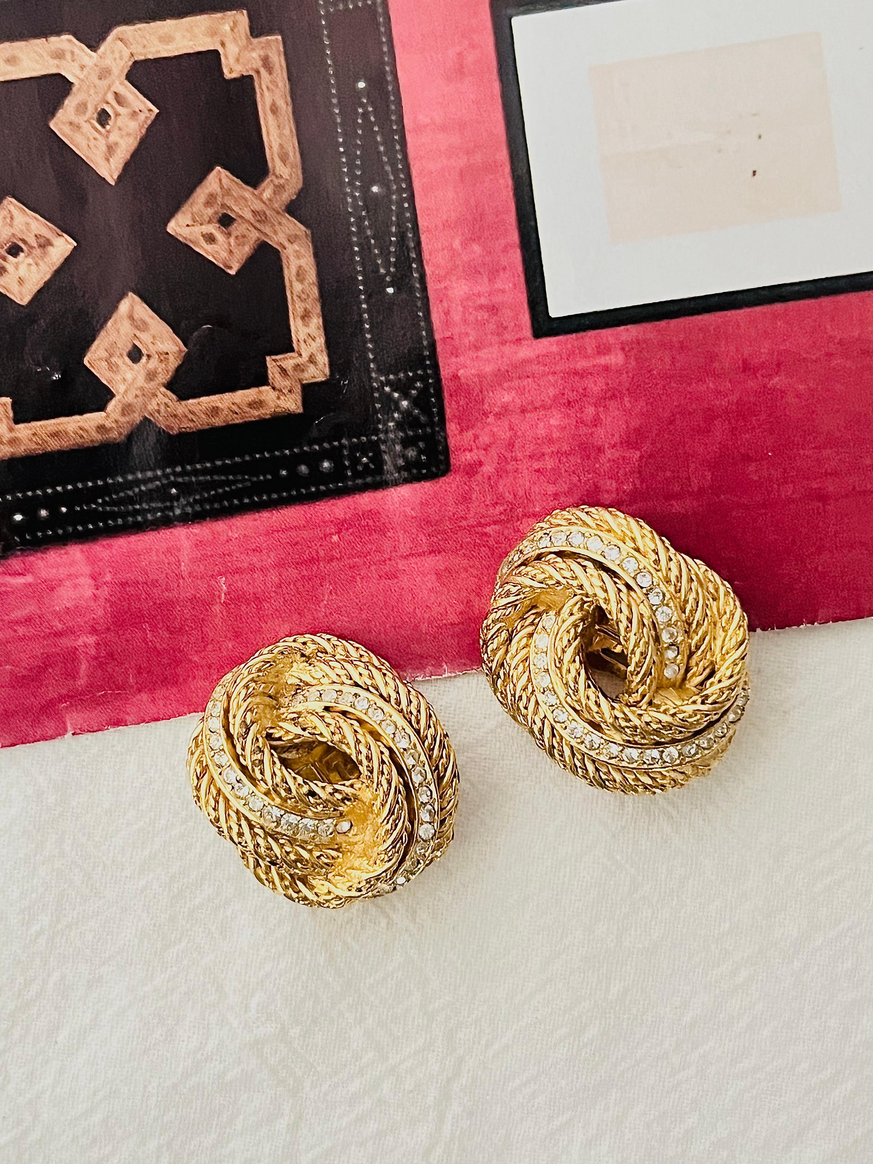Art Deco Christian Dior Vintage 1980s Large Rope Knot Swirl Crystals Mesh Clip Earrings
