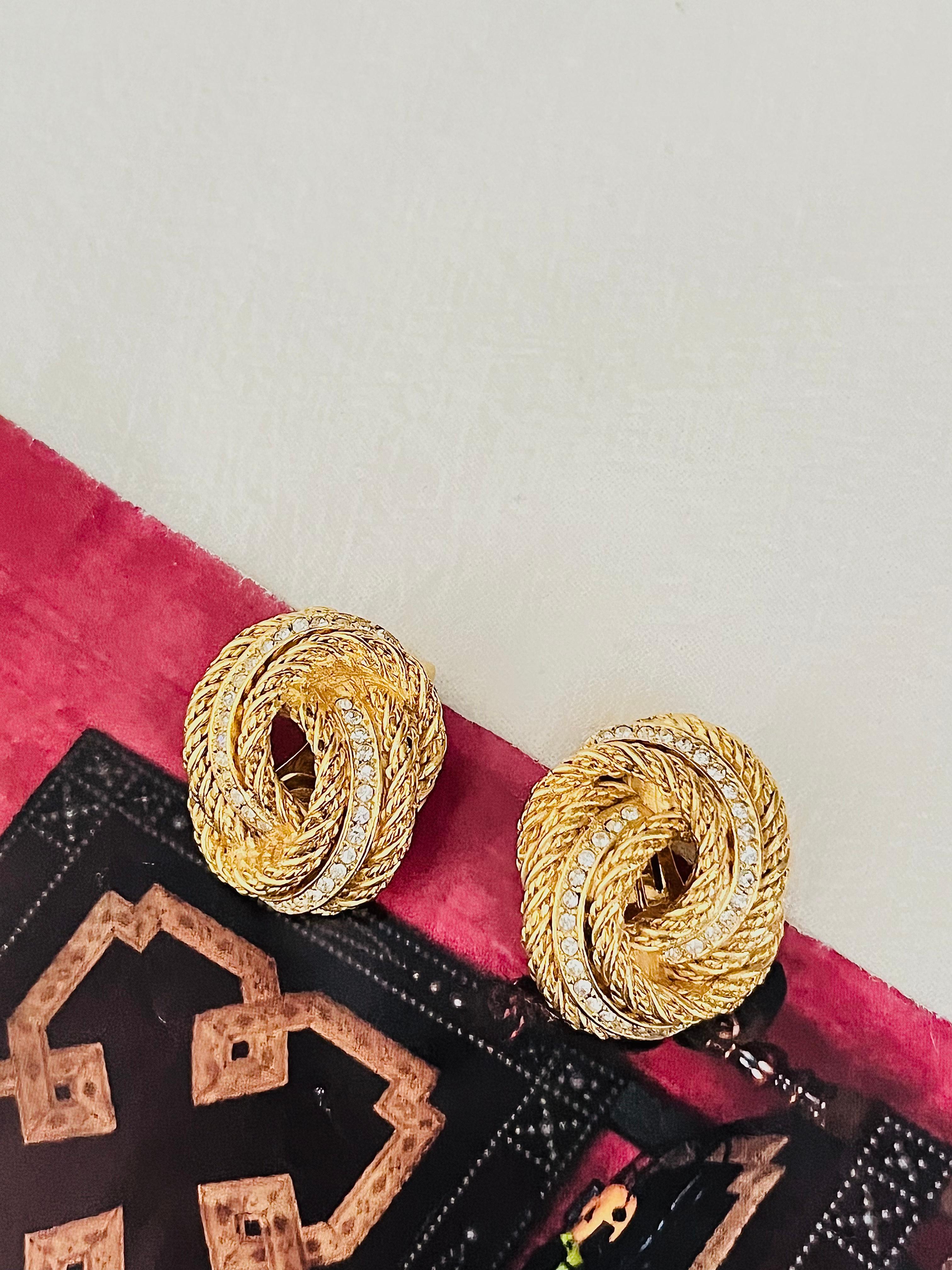 Art Deco Christian Dior Vintage 1980s Large Rope Knot Swirl Crystals Mesh Clip Earrings