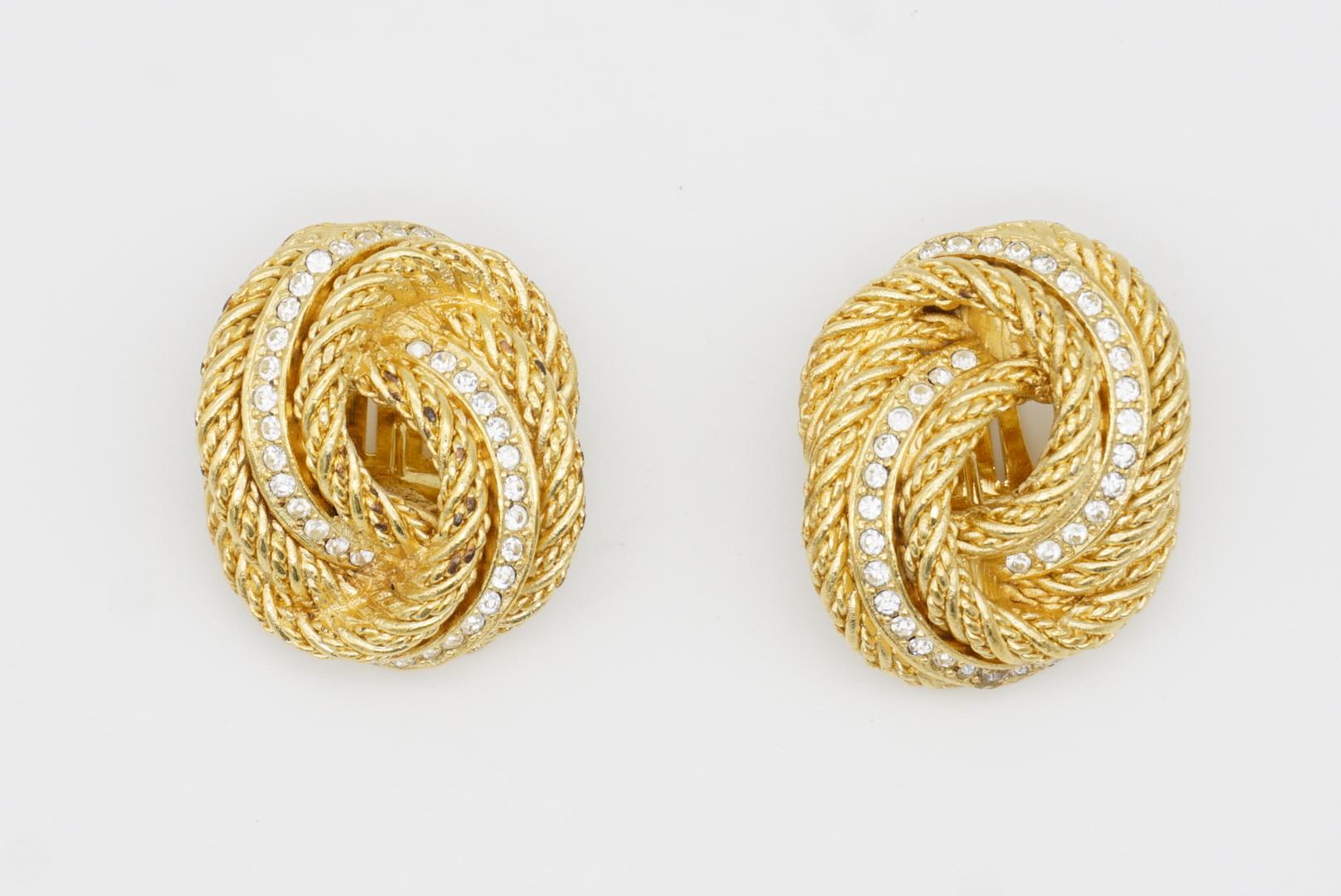 Christian Dior Vintage 1980s Large Rope Knot Swirl Crystals Mesh Clip Earrings 2