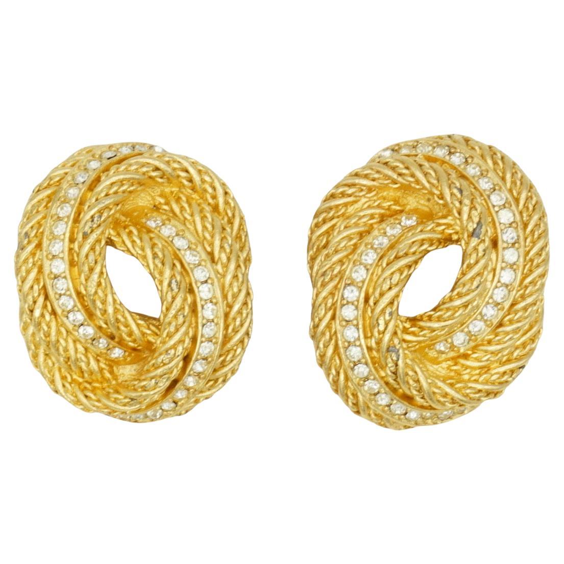 Christian Dior Vintage 1980s Large Rope Knot Swirl Crystals Mesh Clip Earrings For Sale