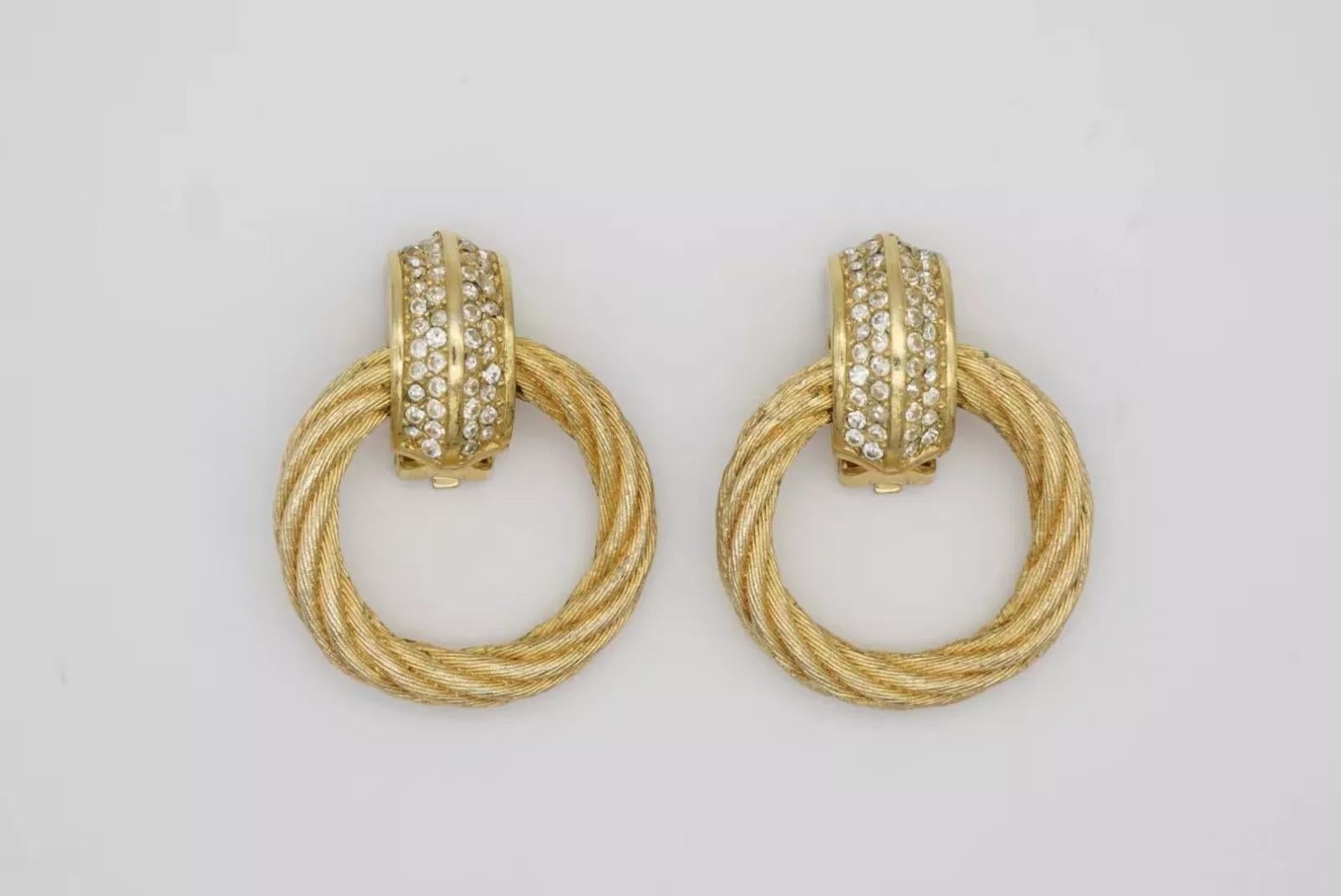 Christian Dior Vintage 1980s Large Round Rope Crystals Hoop Chunky Drop Earrings 4