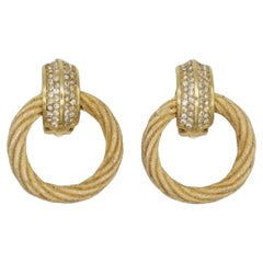 Christian Dior Vintage 1980s Large Round Rope Crystals Hoop Chunky Drop Earrings