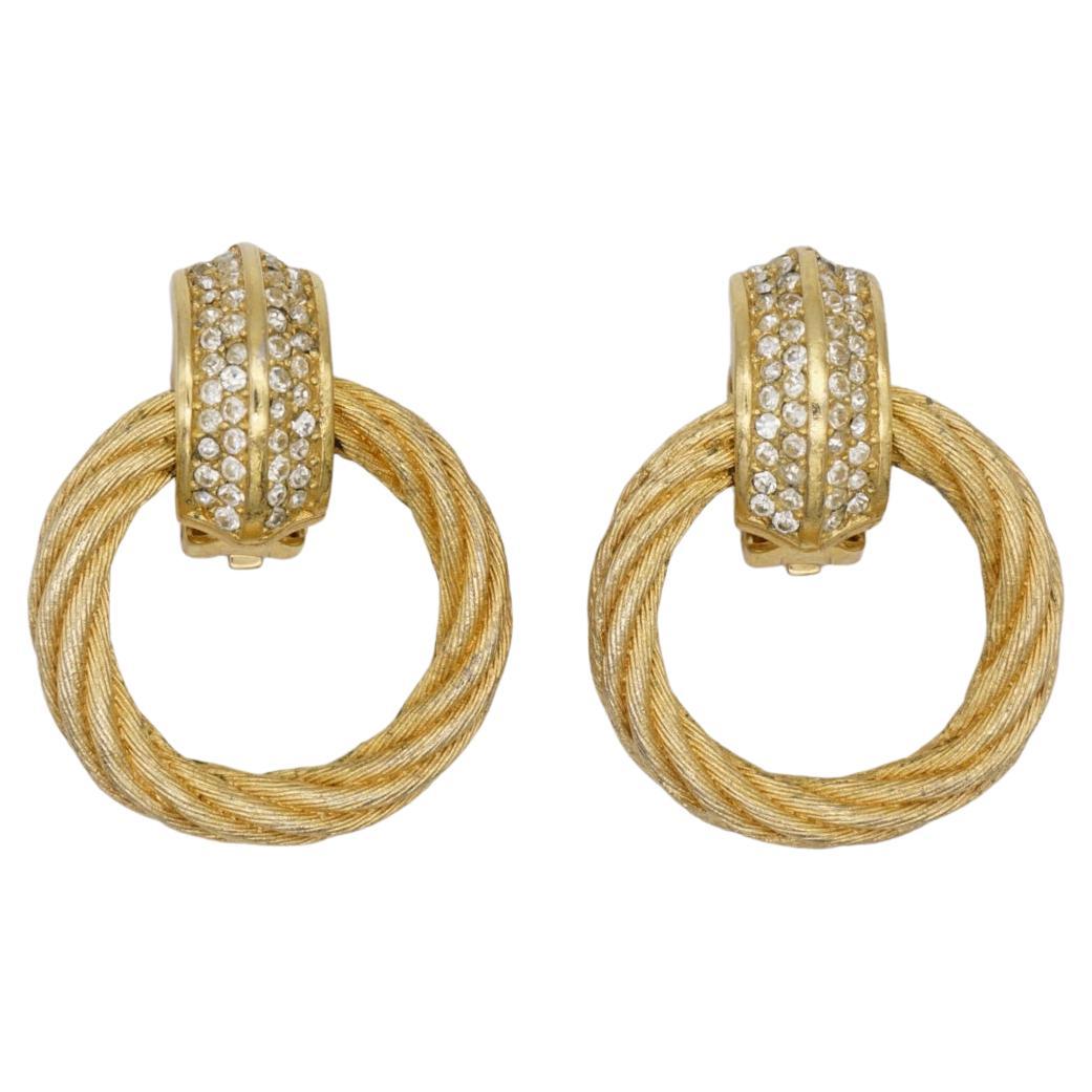 Christian Dior Vintage 1980s Large Round Rope Crystals Hoop Drop Gold Earrings 