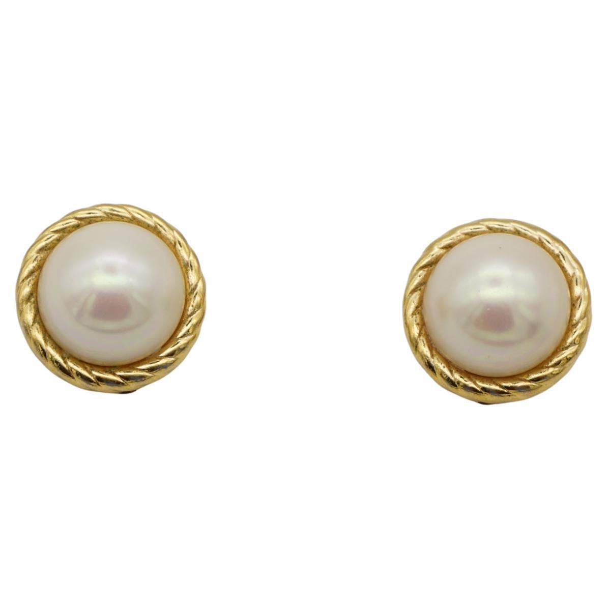 Christian Dior Vintage 1980s Large Round White Pearl Twist Gold Clip Earrings For Sale