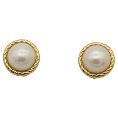 Christian Dior Retro 1980s Large Round White Pearl Twist Gold Clip Earrings