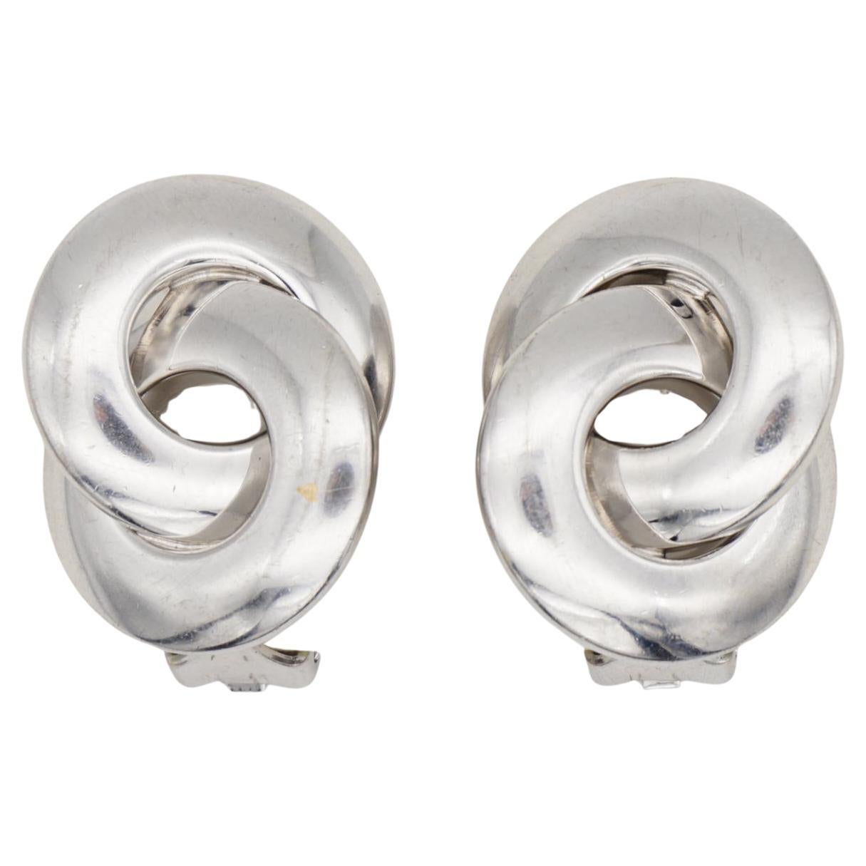 Christian Dior Vintage 1980s Large Silver Glow Circle Hoop Interlocked Earrings