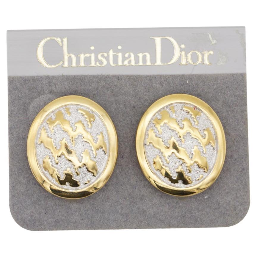 Christian Dior Vintage 1980s Large Silver Ripple Oval Glow Gold Clip Earrings