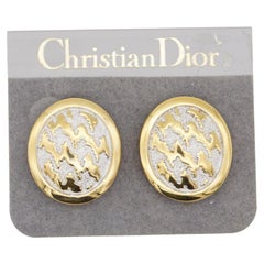 Christian Dior Retro 1980s Large Silver Ripple Oval Glow Gold Clip Earrings