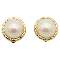 Christian Dior Vintage 1980s Large Spiral White Circle Pearl Gold Clip Earrings