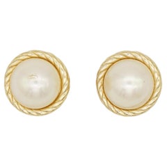 Christian Dior Vintage 1980s Large Spiral White Pearl Circle Gold Clip Earrings