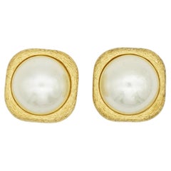 Christian Dior Vintage 1980s Large Square Cube White Round Pearl Clip Earrings