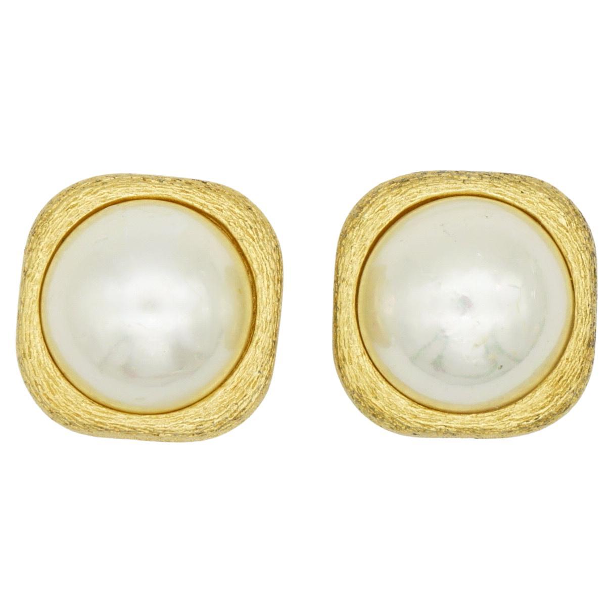 Christian Dior Vintage 1980s Large Square Cube White Round Pearl Clip Earrings For Sale