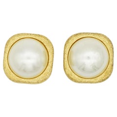 Christian Dior Vintage 1980s Large Square Cube White Round Pearl Clip Earrings