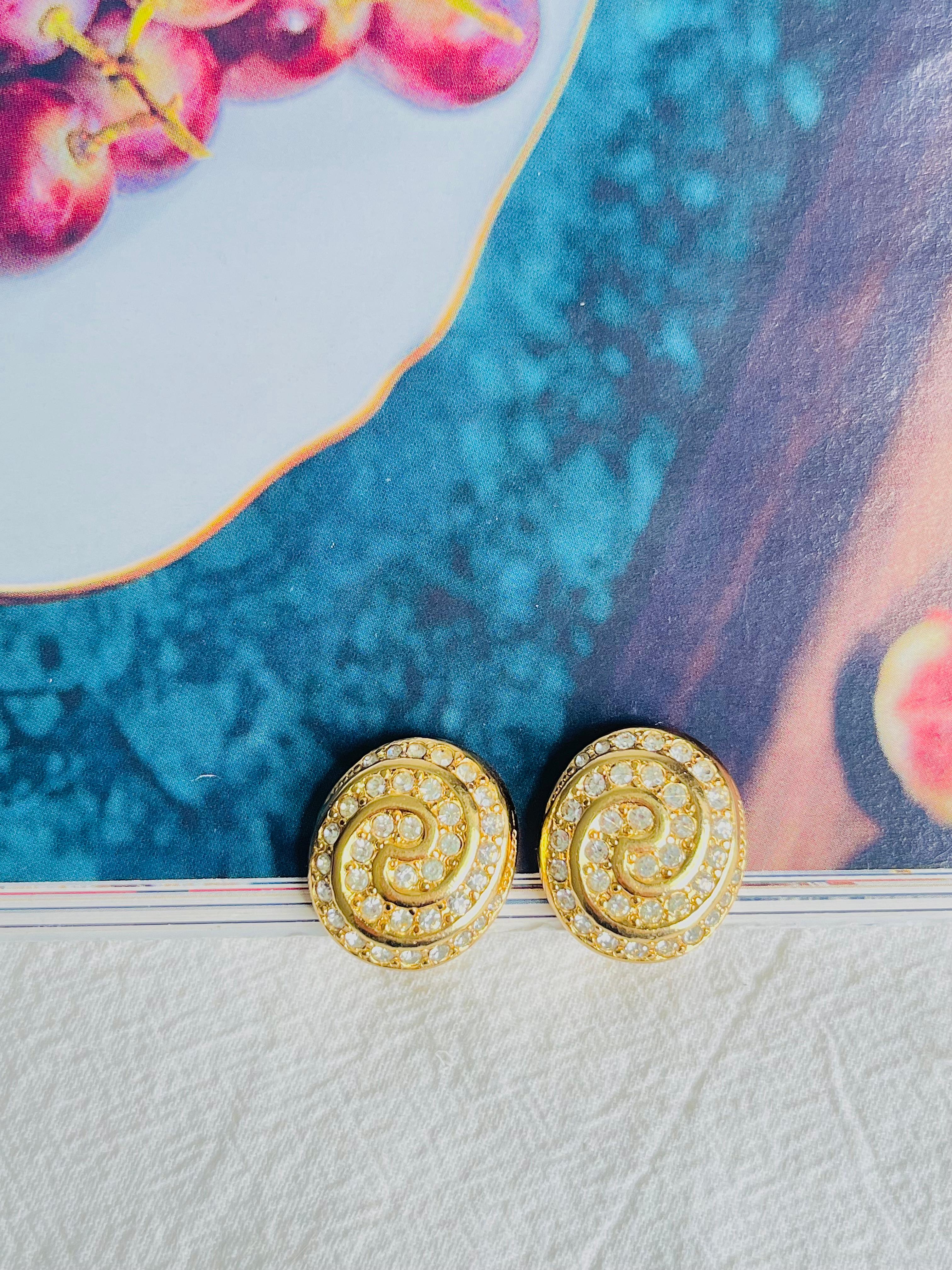 Christian Dior Vintage 1980er Jahre Großer Wirbel Oval Klarkristalle Gold Clip-Ohrringe (Zeitgenössisch) im Angebot