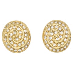 Christian Dior Vintage 1980s Large Swirl Oval Clear Crystals Gold Clip Earrings